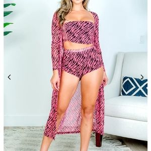 PC Set Sheer Zebra Print - Bandeau Top, Mini Shorts And Cover Up
